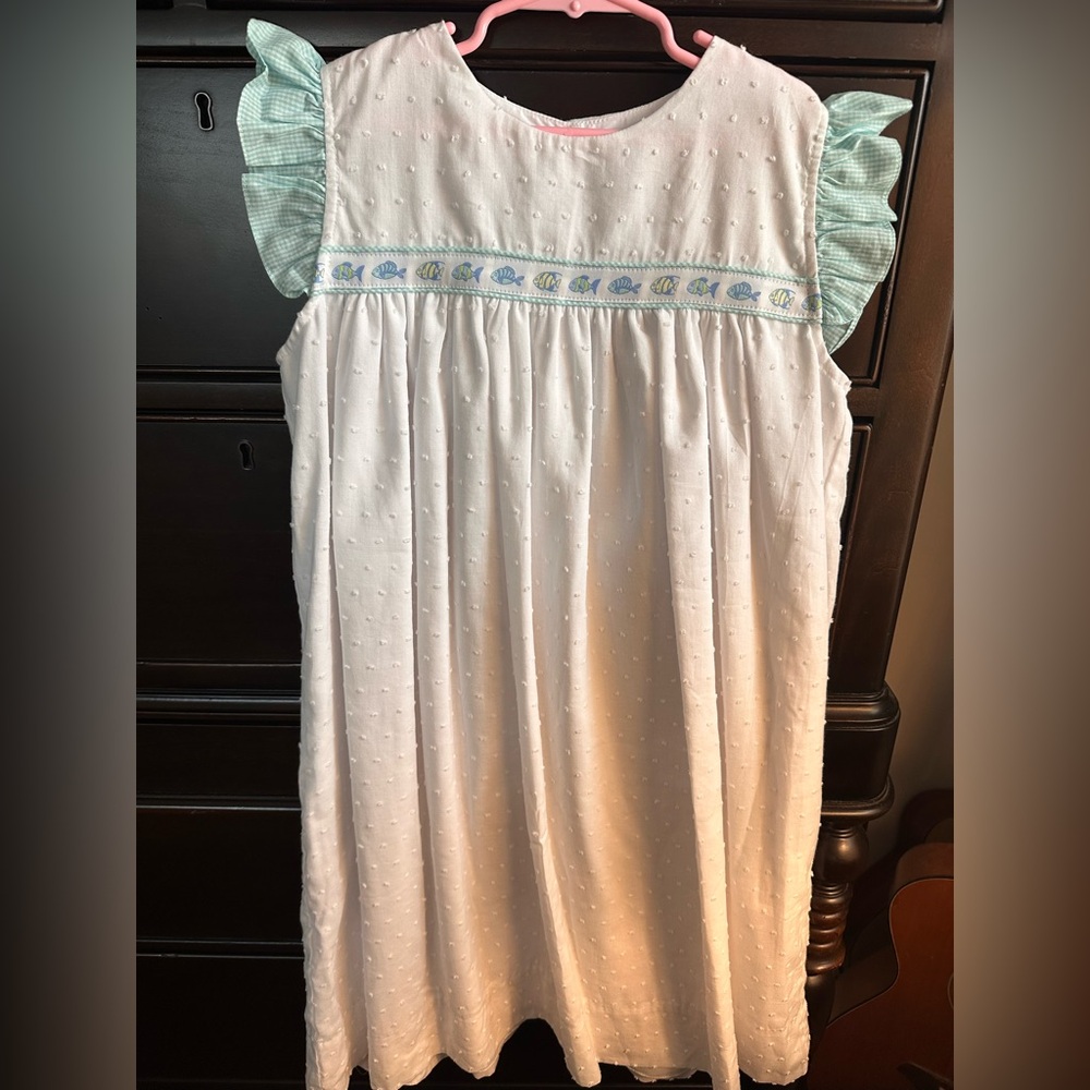 New White Swiss Dot Dress with Gingham Ruffle & Fish ribbon